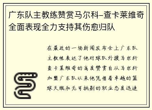 广东队主教练赞赏马尔科-查卡莱维奇全面表现全力支持其伤愈归队