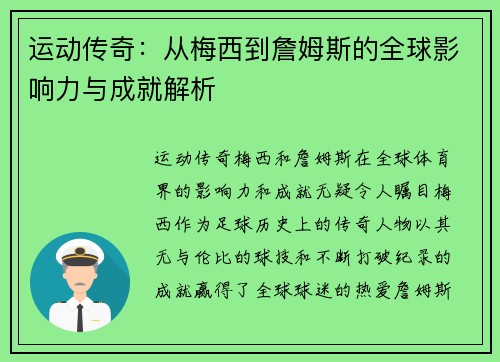 运动传奇：从梅西到詹姆斯的全球影响力与成就解析