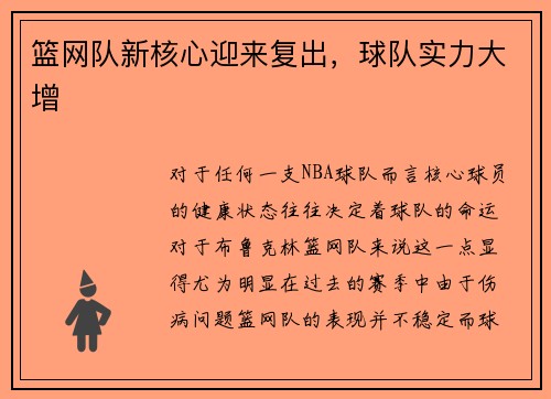 篮网队新核心迎来复出,球队实力大增