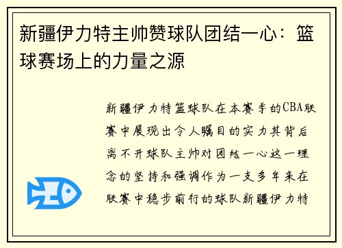 新疆伊力特主帅赞球队团结一心：篮球赛场上的力量之源